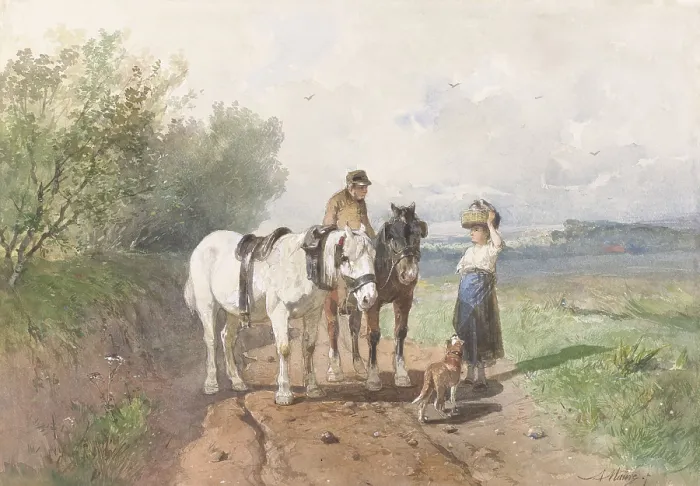Framed Print : Chat on a Country Road, by Anton Mauve, c. 1860-80, Dutch watercolor painting