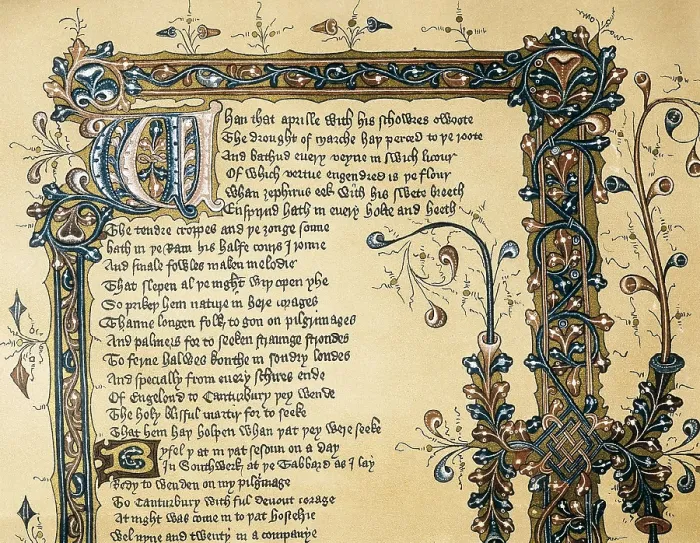 Framed Print : CHAUCER, Geoffrey (1340-1400). Illuminated page from 'The Canterbury Tales', unfinished work of Geoffrey Chaucer. Edition from the 15th century. UNITED KINGDOM. London Framed Print : CHAUCER, Geoffrey (1340-1400). Illuminated page from 'The Canterbury Tales', unfinished work of Geoffrey Chaucer. Edition from the 15th century. UNITED KINGDOM. London