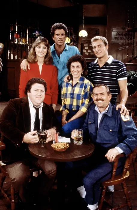 Framed Print : CHEERS, clockwise from top left, Shelley Long, Ted Danson, Rhea Perlman, Woody Harrelson, John Ratzenberger, George Wendt, 1982-93 (1985 photo)