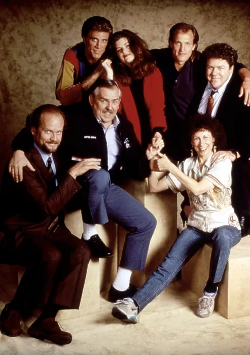 Framed Print : CHEERS, clockwise from top left, Ted Danson, Kirstie Alley, Woody Harrelson, George Wendt, Rhea Perlman, John Ratzenberger, Kelsey Grammer, 1982-93 (1993 photo) Framed Print : CHEERS, clockwise from top left, Ted Danson, Kirstie Alley, Woody Harrelson, George Wendt, Rhea Perlman, John Ratzenberger, Kelsey Grammer, 1982-93 (1993 photo)
