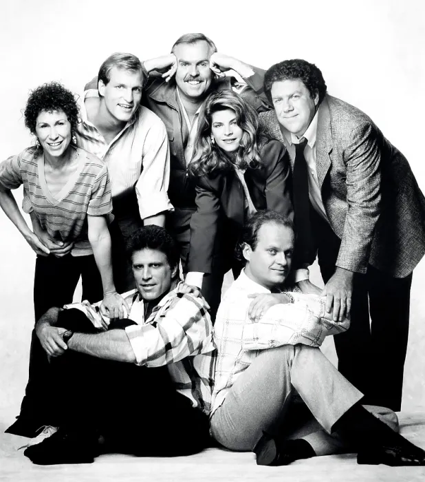 Framed Print : CHEERS, clockwise from lower left, Ted Danson, Rhea Perlman, Woody Harrelson, John Ratzenberger, Kirstie Alley, George Wendt, Kelsey Grammer, 1982-1993 (1988 photo) Framed Print : CHEERS, clockwise from lower left, Ted Danson, Rhea Perlman, Woody Harrelson, John Ratzenberger, Kirstie Alley, George Wendt, Kelsey Grammer, 1982-1993 (1988 photo)