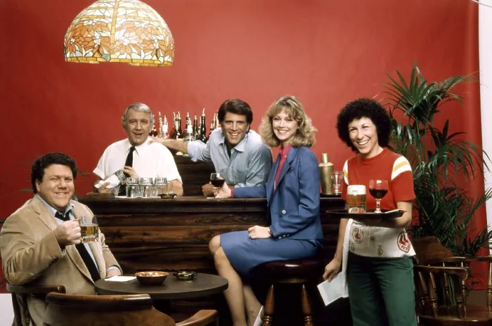 Framed Print : CHEERS, (l-r): George Wendt, Nicholas Colasanto, Ted Danson, Shelley Long, Rhea Perlman, 1982-93