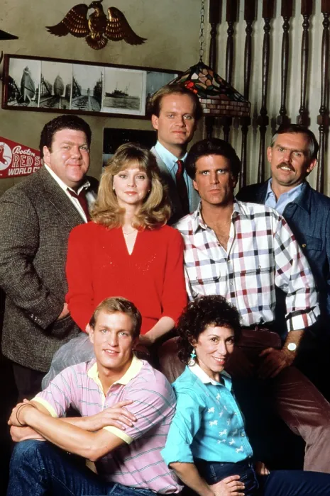 Framed Print : CHEERS, (top) George Wendt, Shelley Long, Kelsey Grammer, Ted Danson, John Ratzenberger, (bottom) Woddy Harrelson, Rhea Perlman, 1982-1993