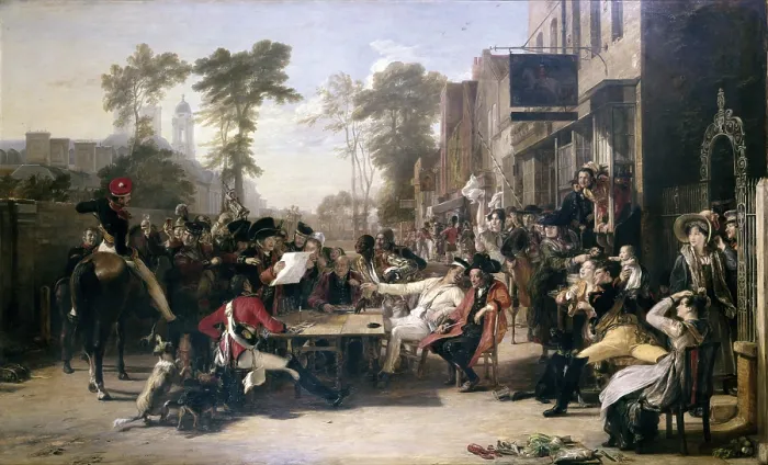 Framed Print : The Chelsea Pensioners Reading the Waterloo Dispatch, by David Wilkie, 1822, 19th Century, oil on canvas, 97 x 158 cm - Great Britain, London, Wellington Museum