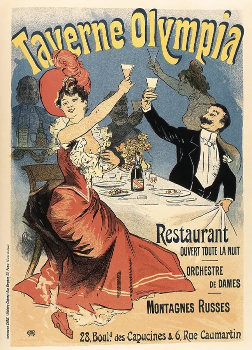 Framed Print : CHERET, Jules (1836-1932). Advertising of restaurant 'Taverne Olympia' in Paris. Printed in 1899. Poster (119 x 81 cm.). Contemporary Art. Litography. - J