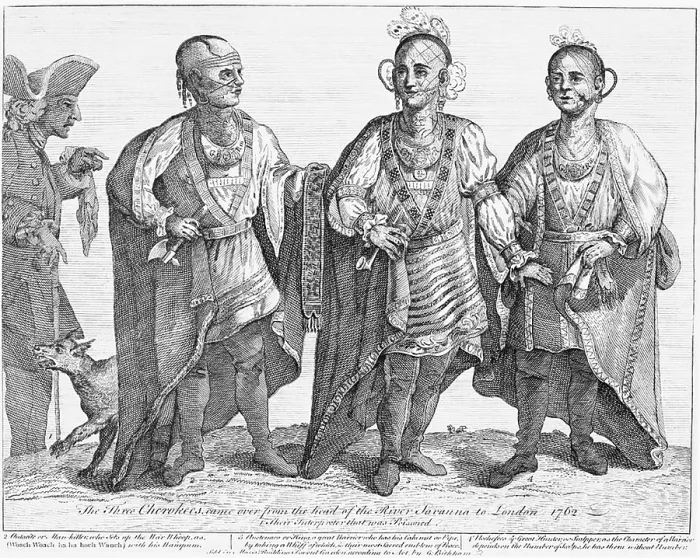 Framed Print : Cherokee Tribe. Three Cherokees Came Over from the Head of the River Savannah to London Austenaco (second from right), copperplate engraving, 1762