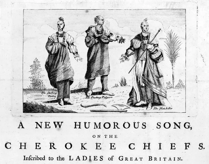 Framed Print : Cherokee Tribe. Three chiefs of the Cherokee Nation as depicted in an English broadside on an embassy to the Court of George III