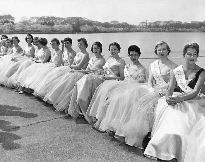 Framed Print : Cherry Blossom Festival Princesses wearing the ball gowns and their state sashes. April 2, 1955
