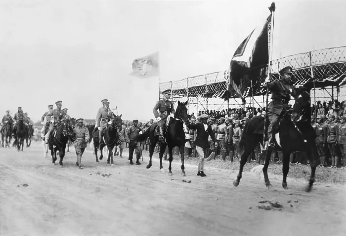 Framed Print : Chiang Kai-shek of the Chinese Nationalists following flag bearer in military procession, 1931