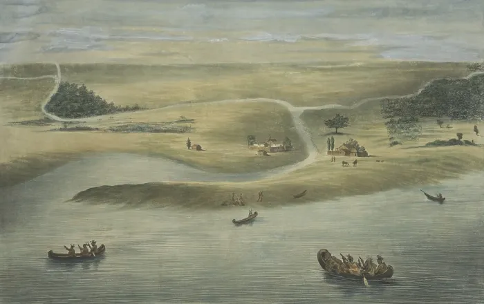 Framed Print : CHICAGO IN 1820, with Native American in canoes on Lake Michigan and Euro-American stockade buildings and grazing horses. 1857 lithograph by Dominique C Framed Print : CHICAGO IN 1820, with Native American in canoes on Lake Michigan and Euro-American stockade buildings and grazing horses. 1857 lithograph by Dominique C