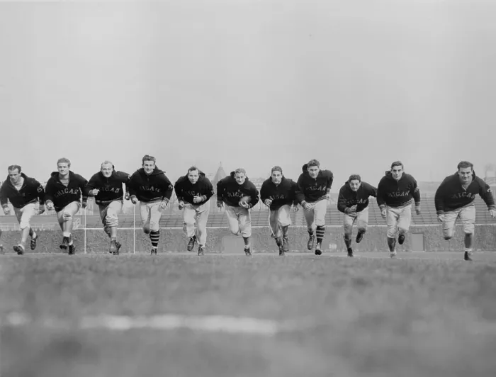 Framed Print : Chicago Bears backfield charge downfield during practice session, 1941