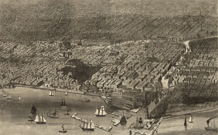 Framed Print : Chicago. The City of Chicago, showing the burnt district. engraving 1874