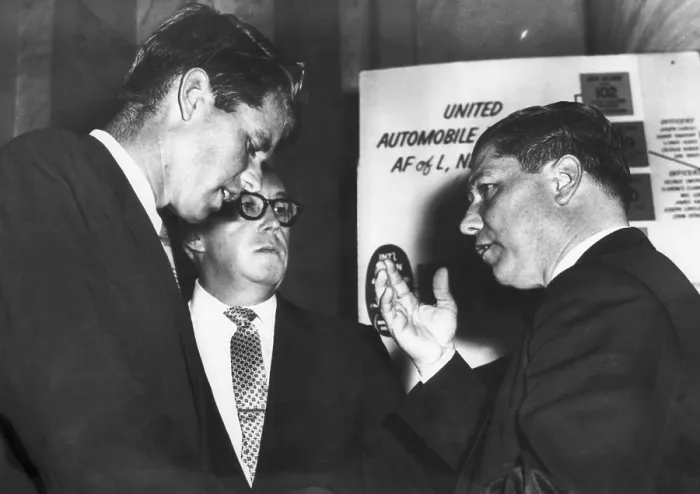 Framed Print : Chief counsel to the Senate Labor Rackets Committee Robert Kennedy, Teamster lawyer George Fitzgerald, Teamster President James R. Hoffa, August 21, 1957