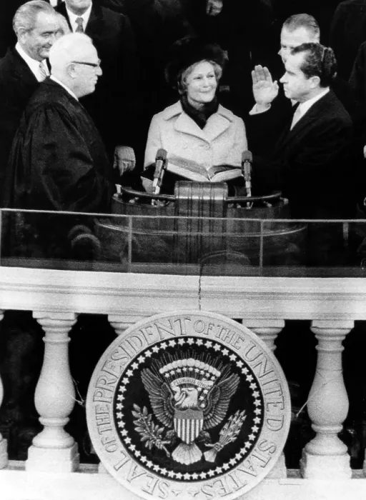 Framed Print : Chief Justice Earl Warren (left, with outgoing President Lyndon Johnson behind him), administering the oath of Richard Nixon (far right) as President Framed Print : Chief Justice Earl Warren (left, with outgoing President Lyndon Johnson behind him), administering the oath of Richard Nixon (far right) as President