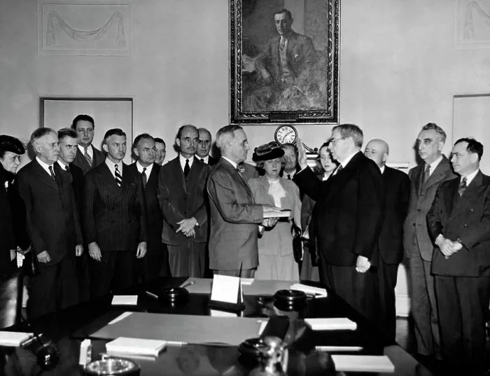 Framed Print : Chief Justice Harlan F. Stone administering the oath of office to Harry S. Truman in the Cabinet Room of the White House, April 12, 1945 Framed Print : Chief Justice Harlan F. Stone administering the oath of office to Harry S. Truman in the Cabinet Room of the White House, April 12, 1945