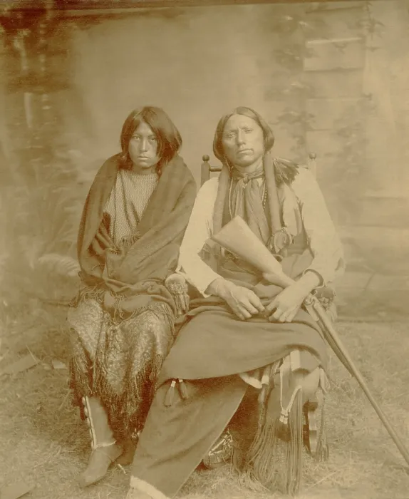 Framed Print : Chief Quanah Parker in 1888 with one of his wives. He married eight women, seven during the reservation period. Photo by George A. Addison (BSLOC_2019_9_145)