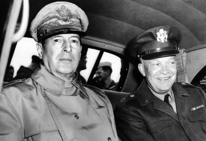 Framed Print : Chief of Staff General Dwight Eisenhower, meets General Douglas MacArthur at Atsugi Airfield near Yokohama, Japan, on May 10, 1946. It was their first meeting since 1939