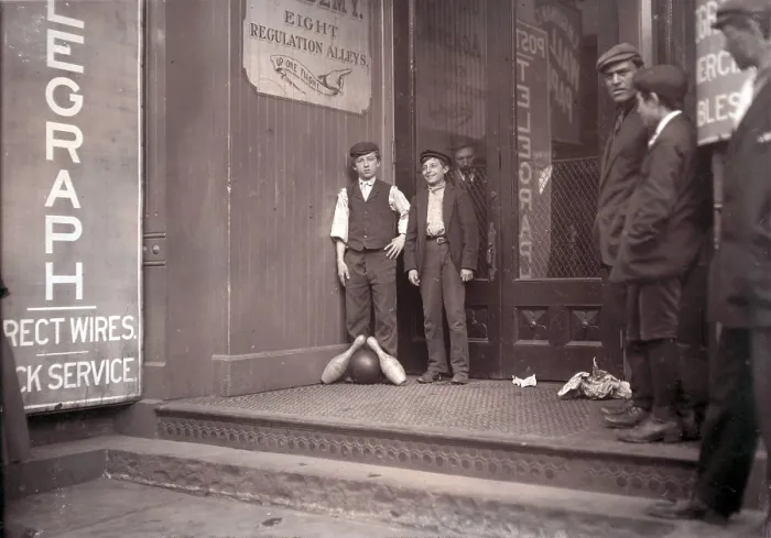 Framed Print : Child labor, bowling alley boys, from original caption: Many of these work until late at night. New Haven, Connecticut, photograph by Lewis Wickes Hine, March, 1909