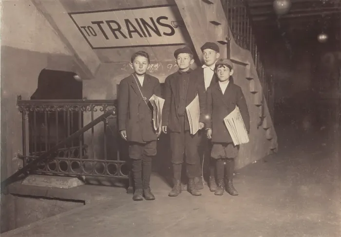 Framed Print : Child labor, boys selling newspapers by subway, New York City, photograph by Lewis Wickes Hine, July, 1910