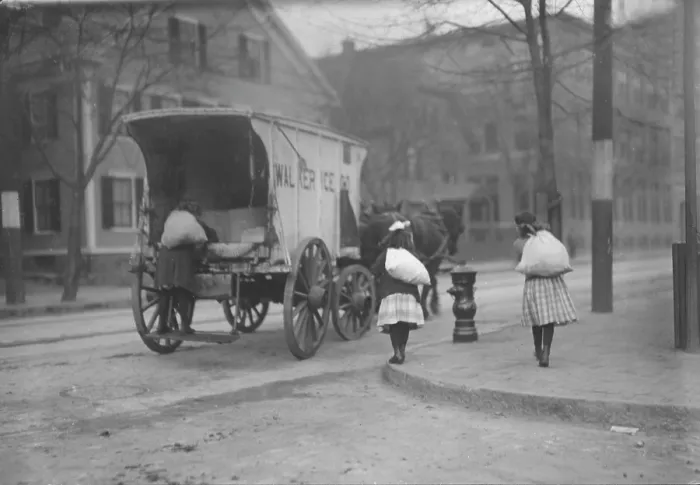 Framed Print : Child labor, Girls working on ice wagon, New York City, photograph by Lewis Wickes Hine, November, 1912