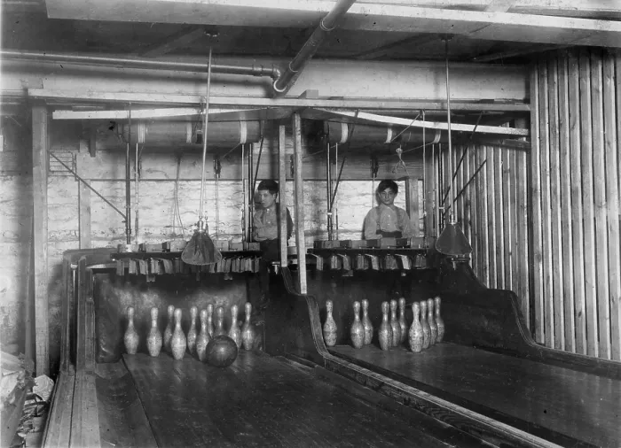 Framed Print : Child labor, pinboys at a bowling alley, original caption: Bowling Alleys, connected with Geo. P. Grays, Bastable Caf on Genesee St