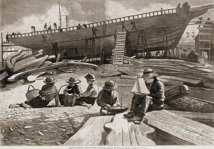 Framed Print : Children building model ships in the foreground at a shipyard, while men build a ship in the background. Wood engraving by Winslow Homer. 1873