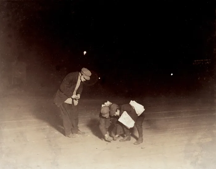 Framed Print : Children playing a dice game, from original caption: Midnight, Newsboys shooting craps near Post Office. Been playing here at craps for an hour