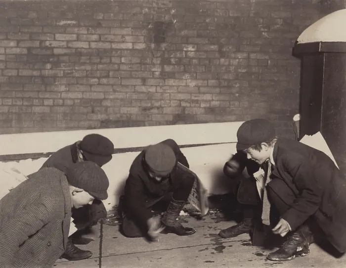 Framed Print : Children playing a dice game, from original caption: playing craps in the jail alley at 10 P.M. Albany, New York, photograph by Lewis Wickes Hine, February, 1910