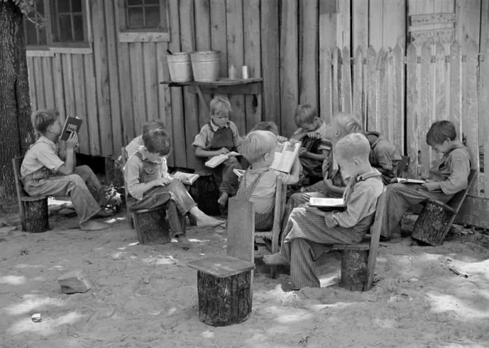 Framed Print : Children on rustic hand made chairs in an outdoor classroom, June 1936 Framed Print : Children on rustic hand made chairs in an outdoor classroom, June 1936