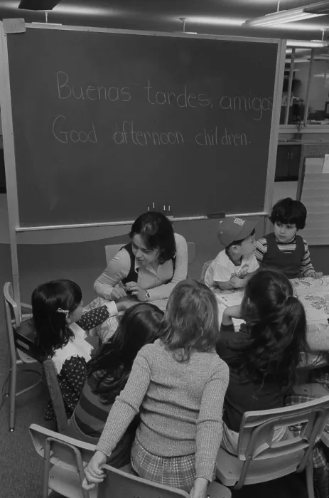 Framed Print : Children and their teacher in a bilingual classroom in the Washington D.C. metro area