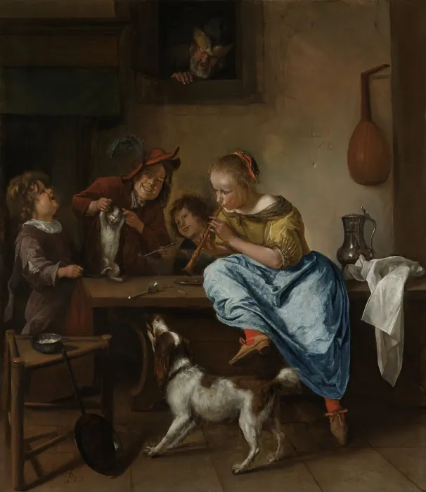 Framed Print : Children Teaching a Cat to Dance, by Jan Steen, 1660-79, Dutch painting, oil on panel. Also known as The Dancing Lesson