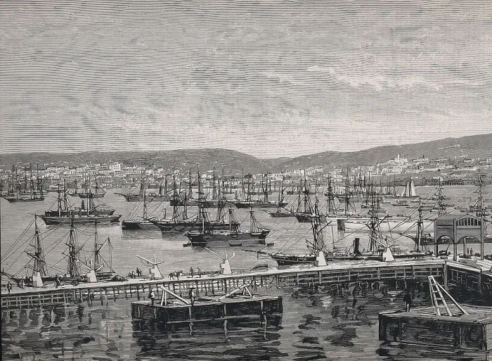 Framed Print : Chile (1844). Valparaso. The harbour and the city from the unloading dock. Etching. AISA / Everett Collection**US SALES ONLY**