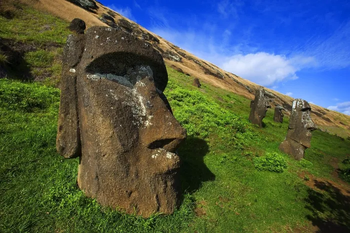 Framed Print : CHILE. VALPARAISO. Ahu Tongariki. Easter Island. Rapa Nui National Park. Crater of Rano Kao volcano. Sacred site. Moai quarry. Art of Oceania. Sculpture