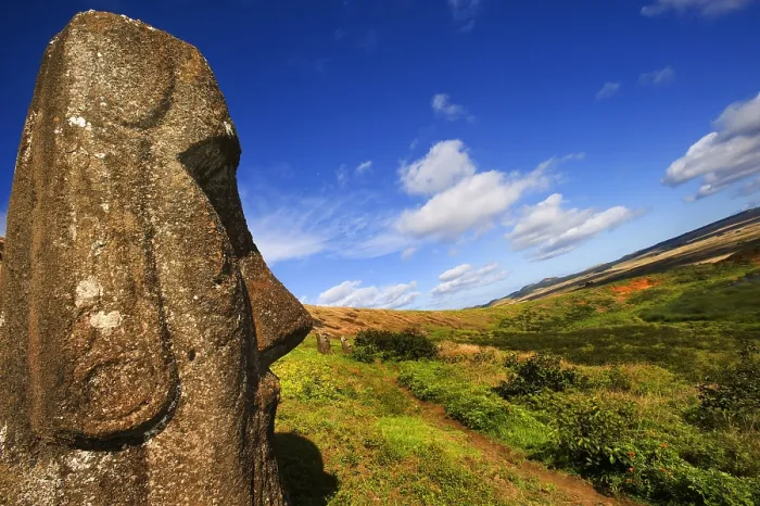 Framed Print : CHILE. VALPARAISO. Ahu Tongariki. Easter Island. Rapa Nui National Park. Crater of Rano Kao volcano. Sacred site. Moai quarry. Art of Oceania. Sculpture