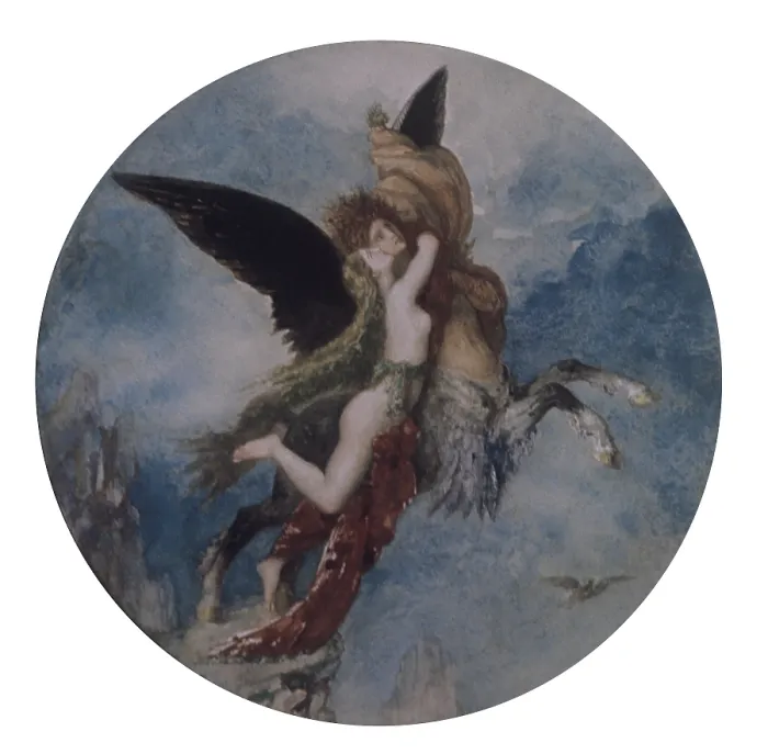 Framed Print : The Chimera, by Gustave Moreau, 1867, 19th Century, watercolour, 22 cm diameter - Private collection. Whole artwork view