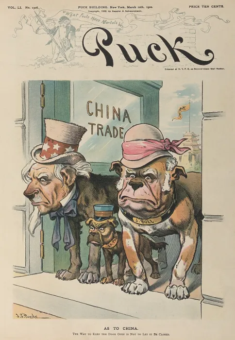 Framed Print : AS TO CHINA. Cartoon shows Uncle Sam John Bull and Japan as dogs guarding an open doorway China Trade'. European powers established economic zones that blocked U.S
