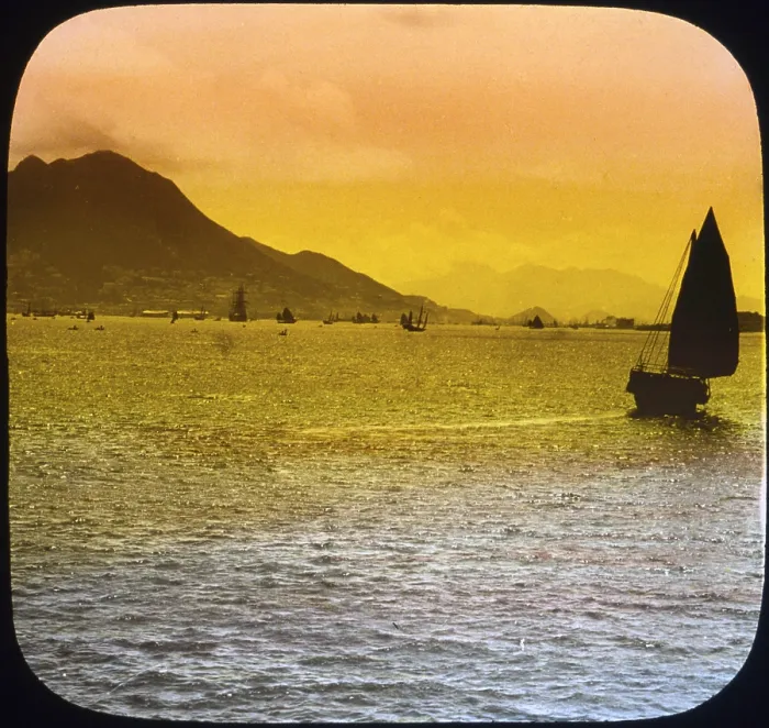 Framed Print : China, distant view from harbor approach, Hong Kong, hand colored lantern slide, photograph by William Henry Jackson, 1895 Framed Print : China, distant view from harbor approach, Hong Kong, hand colored lantern slide, photograph by William Henry Jackson, 1895