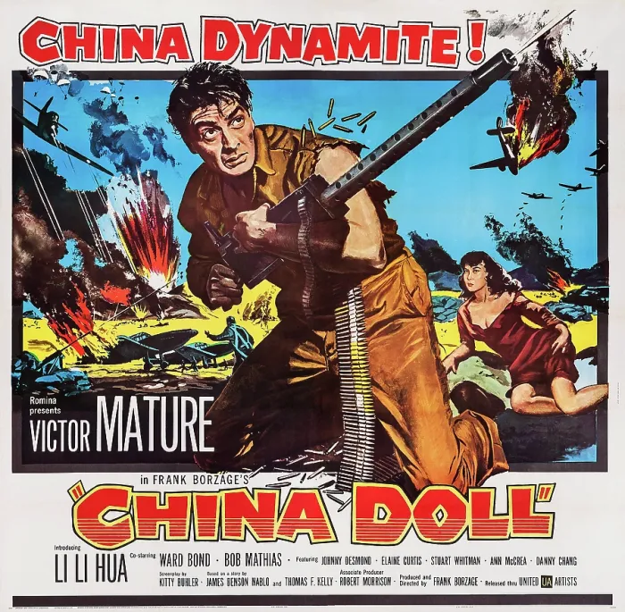 Framed Print : CHINA DOLL, US poster art, from center: Victor Mature, Li Li Hua, 1958