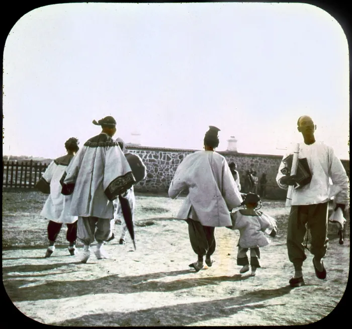 Framed Print : China, women and children going to railroad, Tientsin, (aka Tianjin), hand colored lantern slide, photograph by William Henry Jackson, 1895