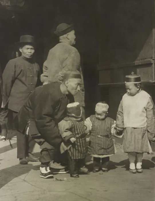 Framed Print : Chinese American men and three children in traditional dress standing on a street in San Francisco