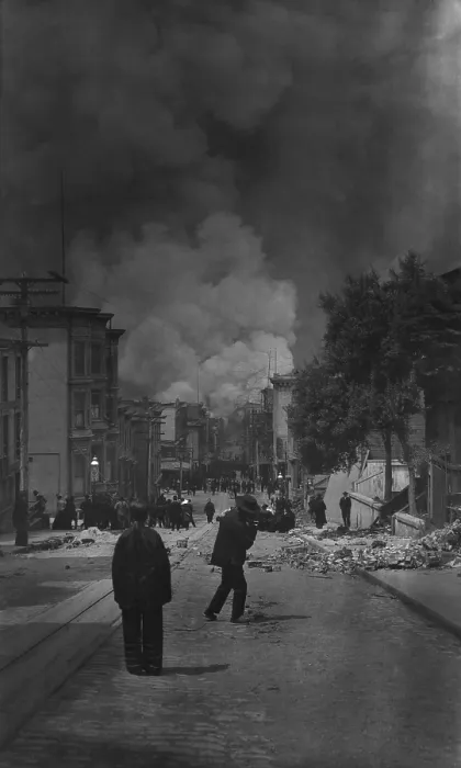 Framed Print : Chinese-American men watching the destruction of the city by fire on April 18, 1906, after a severe earthquake rocked San Francisco