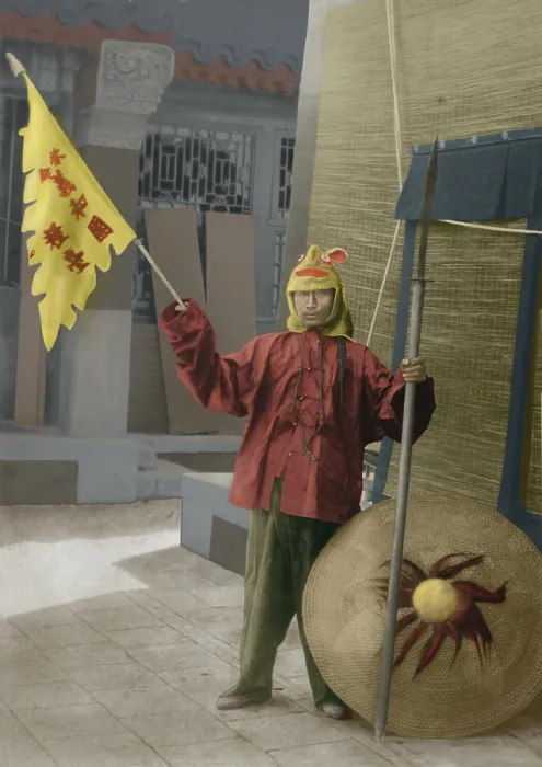 Framed Print : Chinese Boxer with shield and banner on urban street, c. 1900 Framed Print : Chinese Boxer with shield and banner on urban street, c. 1900