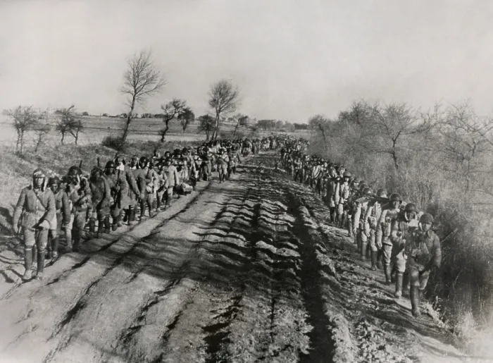 Framed Print : Chinese Civil War 1946-1949. Soldiers of the Chinese Nationalist Army march along a rutted road in Manchuria. Jan. 29, 1947. - (BSLOC_2014_15_168) Framed Print : Chinese Civil War 1946-1949. Soldiers of the Chinese Nationalist Army march along a rutted road in Manchuria. Jan. 29, 1947. - (BSLOC_2014_15_168)