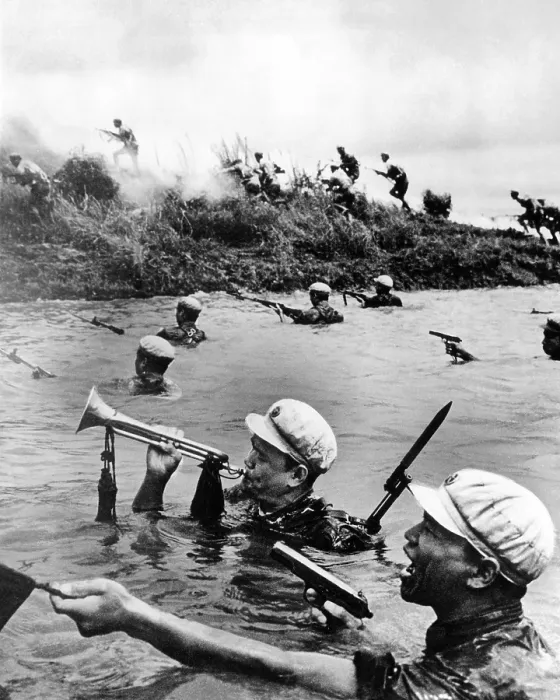Framed Print : Chinese Communist soldiers cross a river during training. The bugle was used to communicate commands to troops. Aug. 1966. (CSU_ALPHA_1374) CSU Archives / Everett Collection