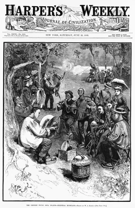 Framed Print : Chinese immigrants, wearing their native clothing, perform with traditional instruments on Iona Island in Hudson Valley north of New York City. 1883