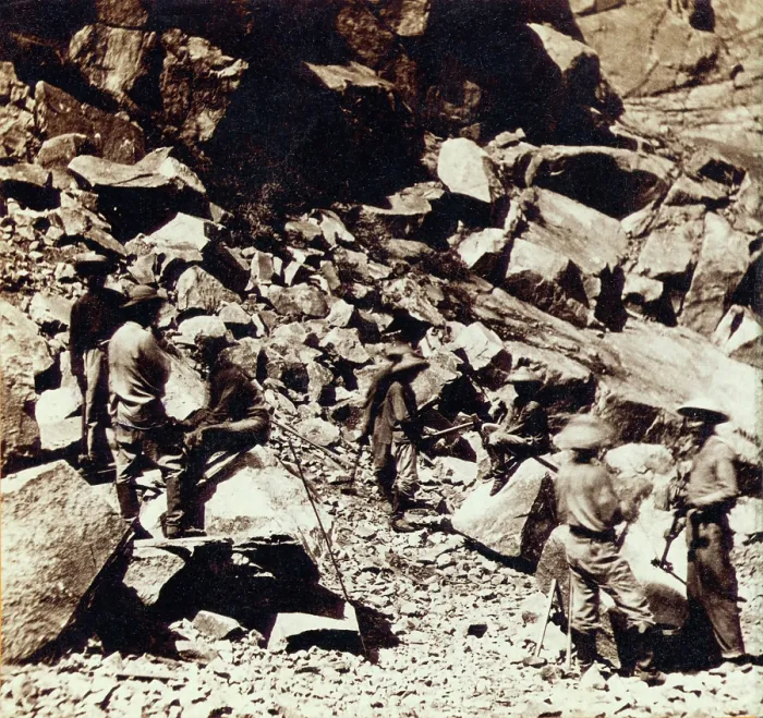 Framed Print : Chinese laborers among the mountain rocks near the opening of Summit Tunnel During the construction of the Central Pacific Railroad in California's Sierra Nevada Mountains Framed Print : Chinese laborers among the mountain rocks near the opening of Summit Tunnel During the construction of the Central Pacific Railroad in California's Sierra Nevada Mountains