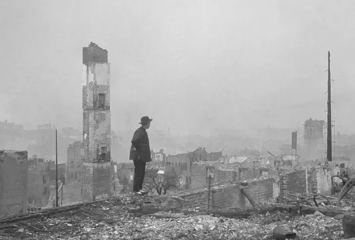 Framed Print : A Chinese man stands in the ruins of San Francisco's Chinatown after the April 18, 1906 earthquake