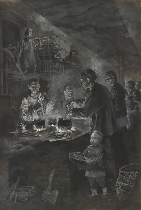Framed Print : Chinese men cook in a courtyard while under quarantine during a plague epidemic in San Francisco, c. 1900 Framed Print : Chinese men cook in a courtyard while under quarantine during a plague epidemic in San Francisco, c. 1900