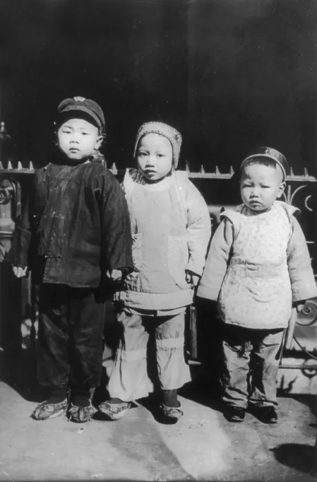 Framed Print : Chinese New Year, Three children posed, New Year's Day, Chinatown, New York City, photograph, 1909