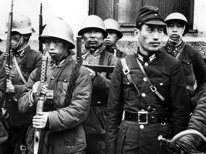 Framed Print : CHINESE PUPPET TROOPS IN SHANGHAI SHANGHAI--These are some of the Chinese puppet troops which are stationed in Honkew, Japanese-occupied area of Shanghai